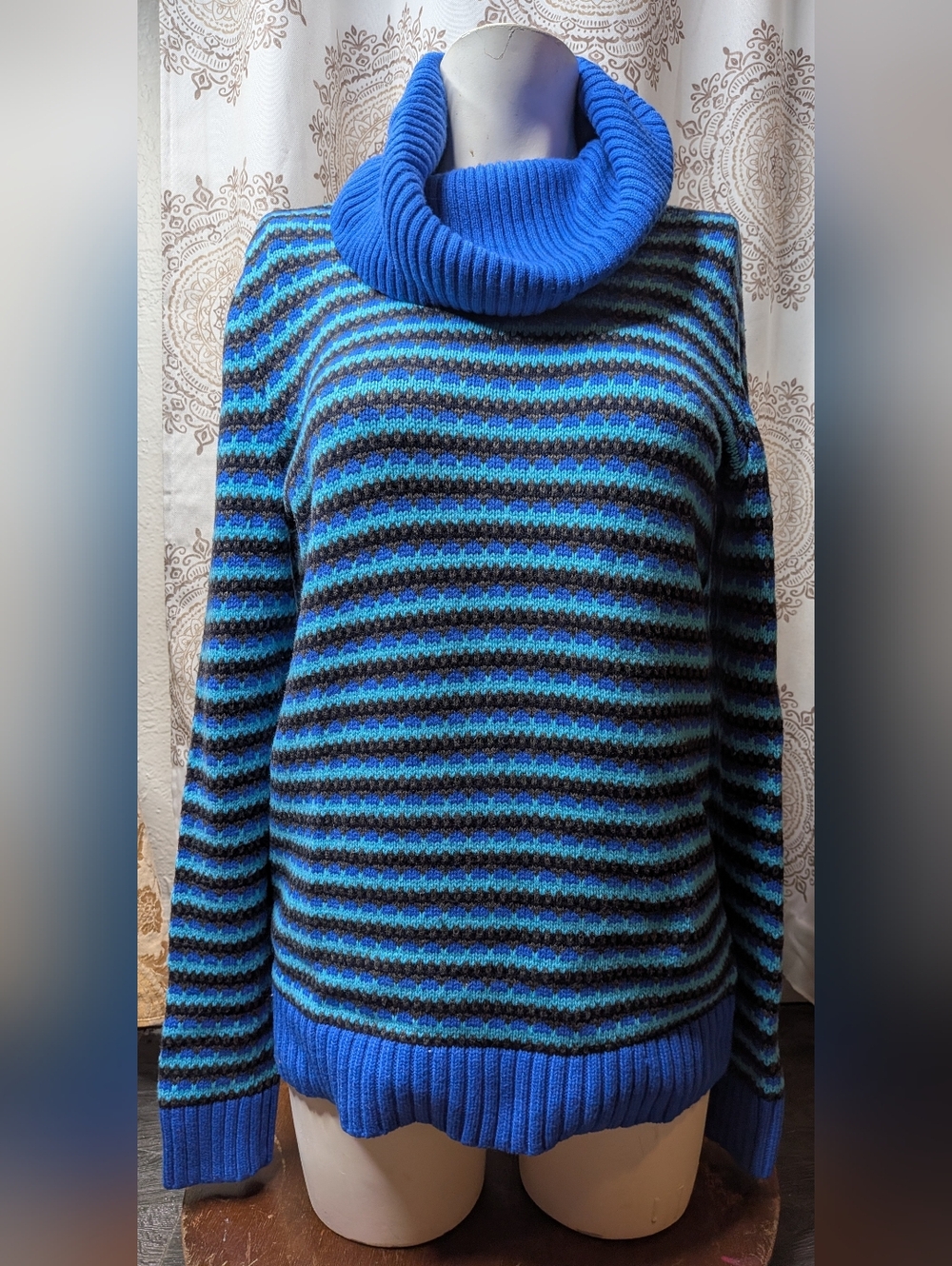 TALBOTS Women's Blue Aqua Striped Turtleneck Long Sleeve Cotton Sweater Size XS